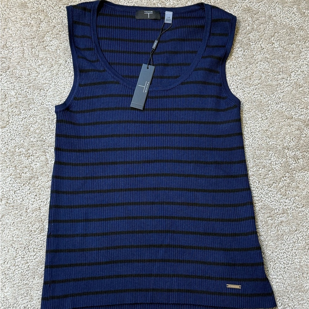 NWT Tahari Navy and Black Striped Sleeveless Ribbed Top